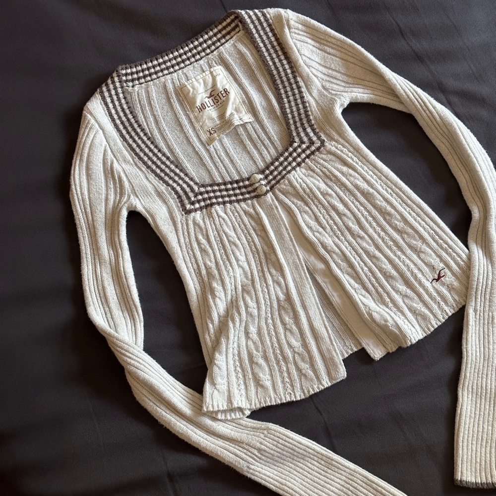 Y2K RARE Hollister Cable Knit Babydoll Cardigan Top Cardi Vintage 2000s - XXS/XS - Picture 4 of 7